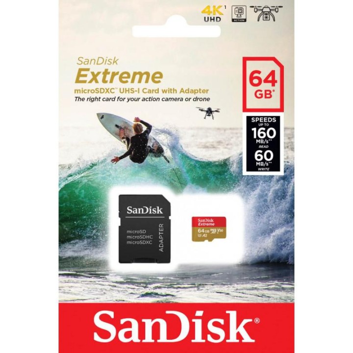 KARTA SANDISK EXTREME microSDXC 64 GB 160/60 MB/s A2 C10 V30 UHS-I U3 ActionCam