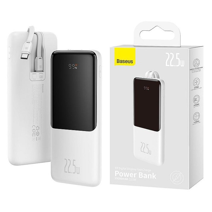 Baseus Elf Digital Display | Power Bank 10000mAh z kablem USB-C Lightning PD 20W Huawei 5A QC biały