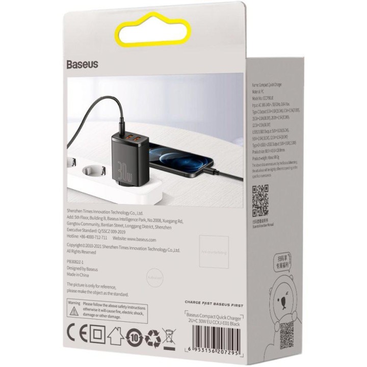 ŁADOWARKA SIECIOWA Baseus Compact Quick Charger CCXJ-E01 30W 2x USB-A 1x USB-C PD 3.0 QC 3.0 CZARNA