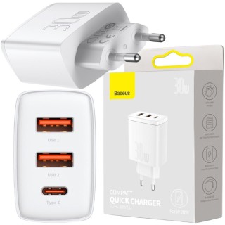 ŁADOWARKA SIECIOWA Baseus Compact Quick Charger CCXJ-E02 30W 2x USB-A 1x USB-C PD 3.0 QC 3.0 BIAŁA