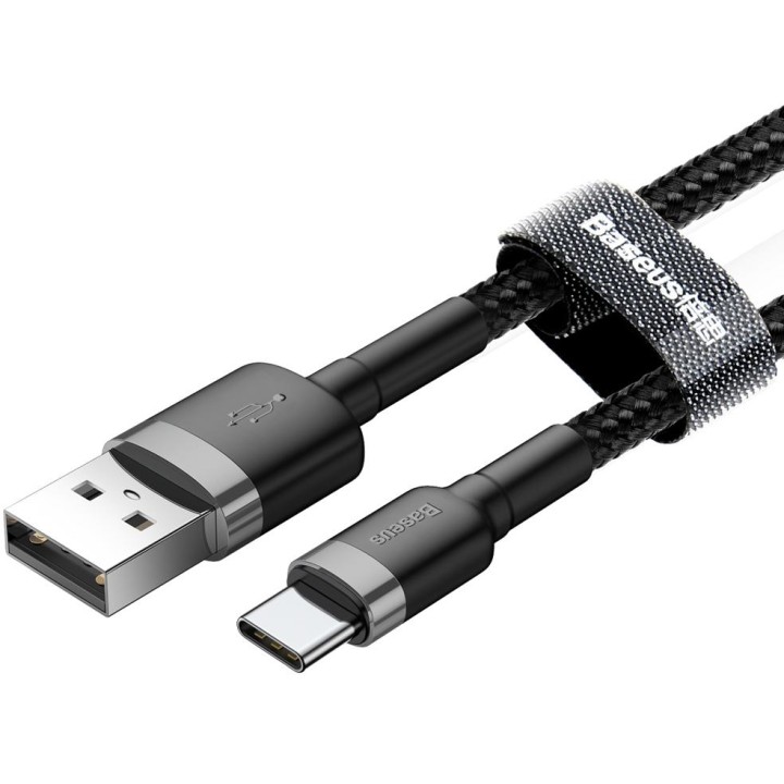 KABEL USB-A -* USB-C Baseus Cafule CATKLF-CG1 200cm 2A QC 3.0 CZARNO-SZARY W NYLONOWYM OPLOCIE