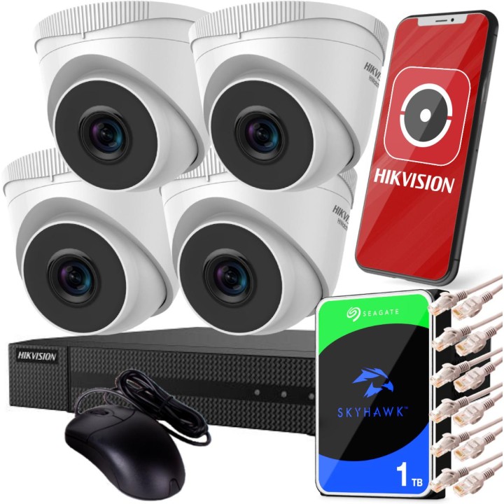 Zestaw monitoringu IP Hikvision NVR 1TB 4 kamery kopułkowe 4MPx