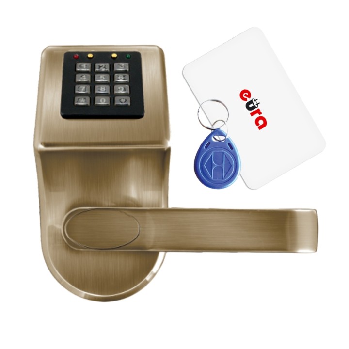 KLAMKA EURA ELH-70B9/BRASS z czytnikiem kart RFID i zamkiem szyfr. mosiądz