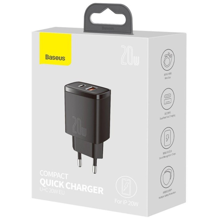 OUTLET_1: ŁADOWARKA SIECIOWA Baseus Compact Quick Charger CCXJ-B01 20W 1x USB-A 1x USB-C PD 3.0 QC 3.0 CZARNA