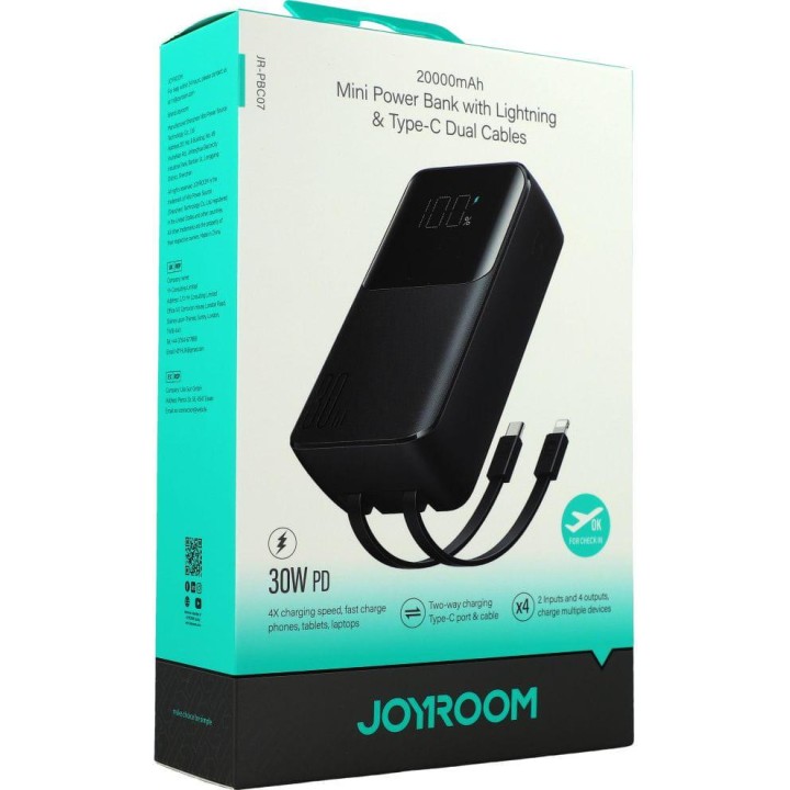 Powerbank Joyroom Digital Display JR-PBC07 20000mAh 30W PD 3.0 QC 3.0 1x USB-A 1x USB-C z kablami