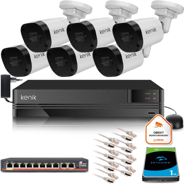 Zestaw monitoringu IP KENIK NVR 1TB-8CH 6 kamer tubowych 2MPx