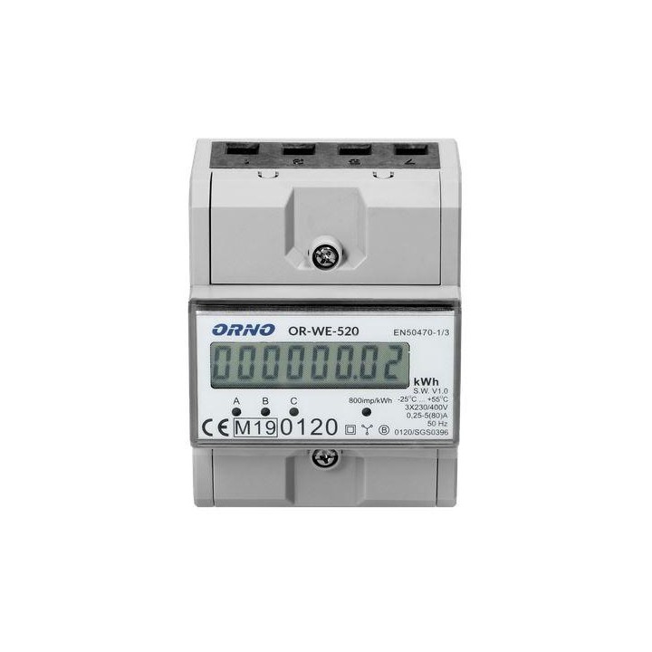 OR-WE-520 ORNO 3-fazowy licznik energii elektrycznej, 80A, MID, 3 moduły, DIN TH-35mm
