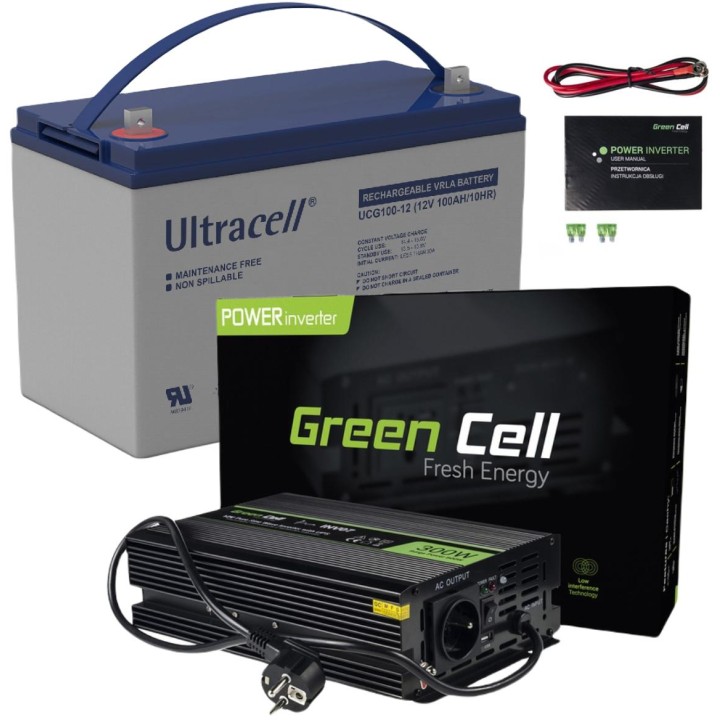 ZESTAW PRZETWORNICA Green Cell 12V-*230V 300W/600W CZYSTY SINUS + AKUMULATOR AGM ULTRACELL 12V 100Ah